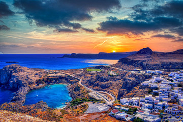 St Pauls bay in Lindos sunset and warm colors.the calmest moment in the day