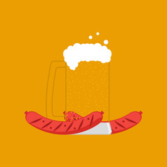 Transparent glass with beer and two sausages. Beer mug with foam, bubbles and  snack. Vector flat isolated illustration.