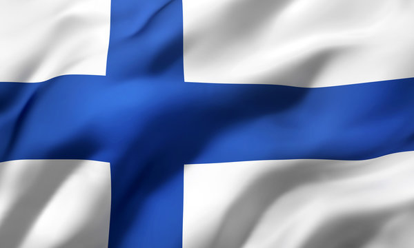 Flag of Finland blowing in the wind. Full page Finnish flying flag. 3D illustration.