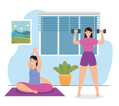 women doing yoga and lifting weights in the house vector illustration design
