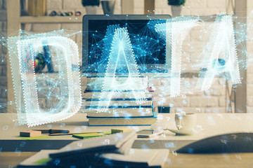 Multi exposure of desktop computer and technology theme hologram. Concept of software development.