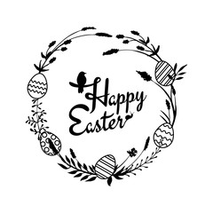 Happy Easter greeting card with floral wreath made of hand drawn meadow flowers, field herbs, branches, twigs and Easter eggs. Spring bird and snail as decor elements for lettering. 