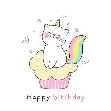 Draw kittycorn sitting on cupcake for birthday.