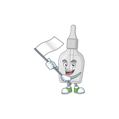 Cute cartoon character of bottle with pipette holding white flag