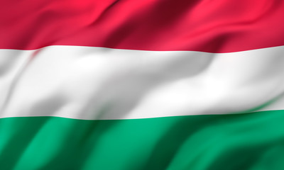 Flag of Hungary blowing in the wind. Full page Hungarian flying flag. 3D illustration.