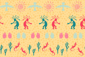 Fototapeta premium design with gecko, Kokopelli fertility god, sun, bird, cacti.