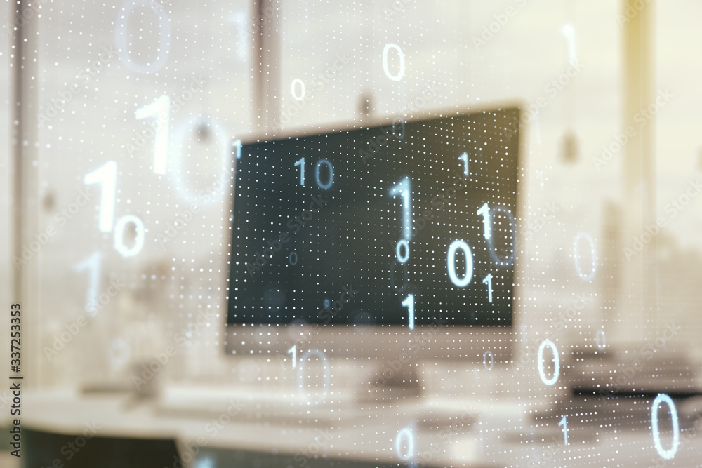 Poster creative abstract binary code sketch on modern laptop background, hacking and matrix concept. multie