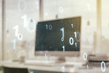 Creative abstract binary code sketch on modern laptop background, hacking and matrix concept. Multiexposure