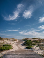 Wooden walkway, through the dunes, beach access to Praia Larino. Larino, Carnota, La Coruna, Galicia, Spain