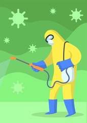 Man wearing yellow protection costume sprays disinfectant around with green viruses floating around. Quarantine, COVID-19 world outbreak. Colorful flat vector illustration, vertical.
