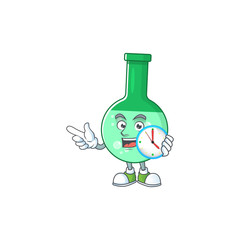 Green chemical bottle mascot design concept holding a circle clock