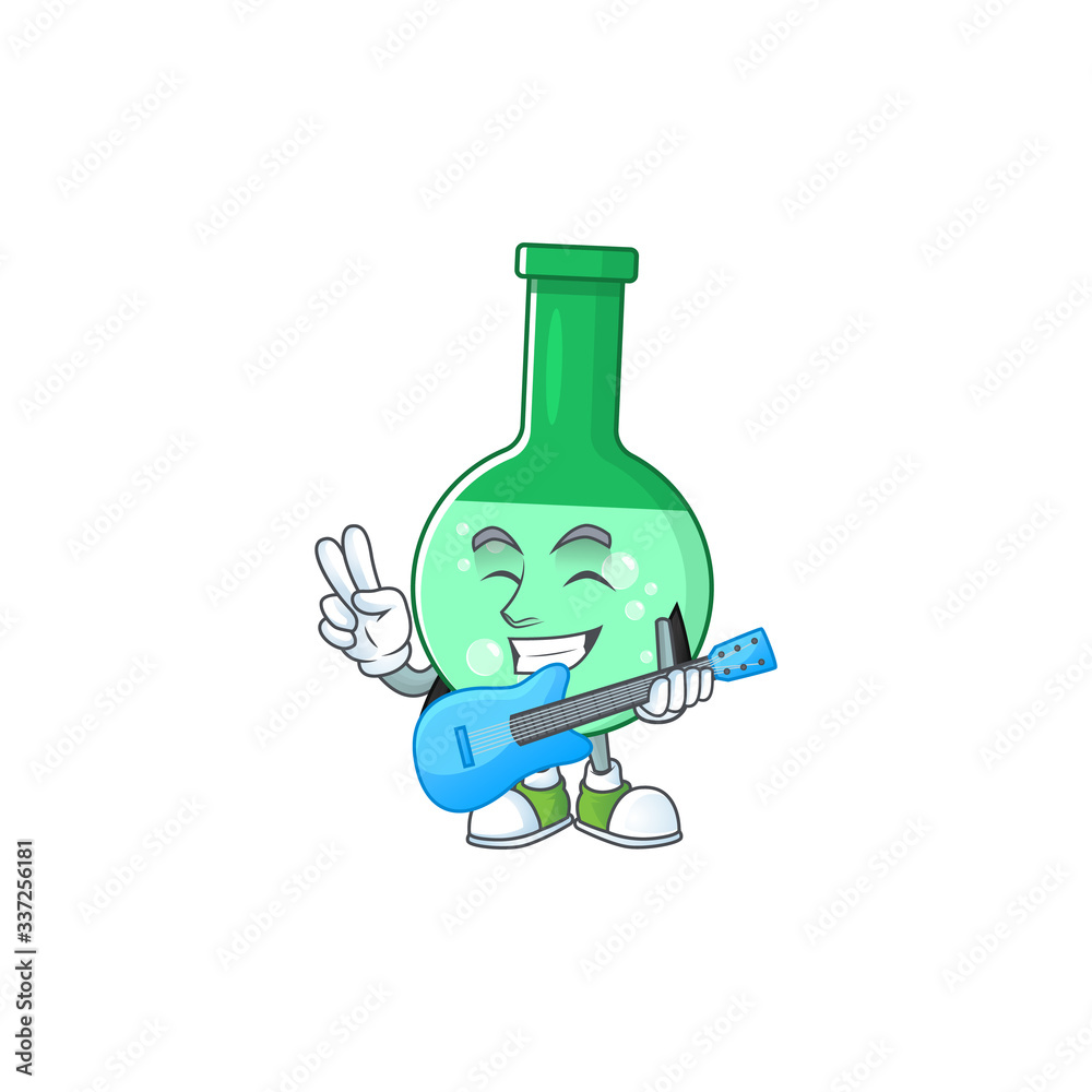 Sticker happy face of green chemical bottle cartoon plays music with a guitar