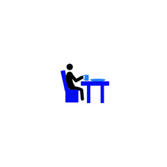 Fototapeta premium Lunch Stick man with a cup in his hands is sitting at a table Isolated on a white background