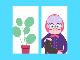 Stay home. Cute Granny with a black cat looking out the window. Coronavirus epidemic protective equipment.