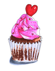 Chocolate cupcake with little heart sprinkling  big red heart and pink cream on white background hand painted with marker