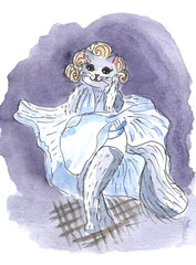 Cat in white dress watercolor hand drawn illustration on white background