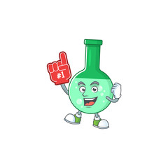 Cartoon character concept of green chemical bottle holding red foam finger