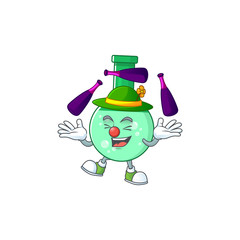 mascot cartoon style of green chemical bottle playing Juggling on stage