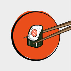 chopsticks holding sushi roll