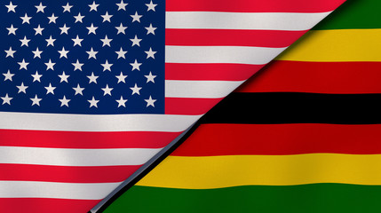 The flags of United States and Zimbabwe. News, reportage, business background. 3d illustration