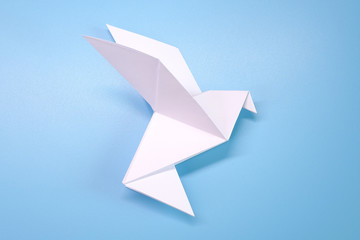 Fototapeta premium Origami : Flying dove on blue background. Concepts photo for help fight against COVID-19 campaign, symbol of peaceful