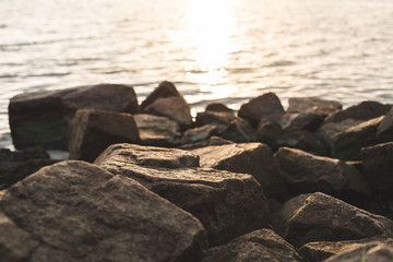 the morning light falls on the stones on the river bank