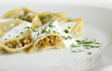 pelmeni stuffed with wild mushrooms cut open