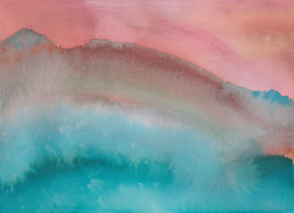 Red turquoise abstract background done in watercolor. Imaginary landscape illustration.