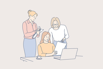 Business meeting, teamwork, training cooperation concept. Team, business people, businesswomen partners coworkers cooperate collaborate together. Planning strategy teamwork training at office meeting.