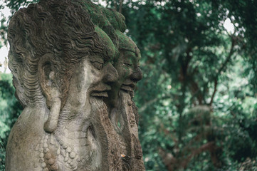 Sculptures of gods and demons carved from stone.