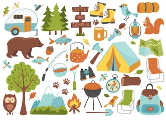 Foto op Plexiglas Camping and hiking set, hand drawn elements- tent, campfire, map and wild animals.  Perfect for scrapbooking, craft projects, party invitations, posters, tags, sticker kit. Vector illustration. © Colorlife