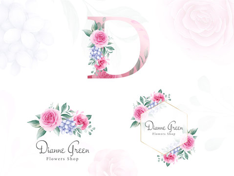 Watercolor floral logo set for initial D of peach roses and leaves. Premade flowers badge for branding