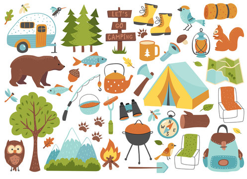 Camping and hiking set, hand drawn elements- tent, campfire, map and wild animals.  Perfect for scrapbooking, craft projects, party invitations, posters, tags, sticker kit. Vector illustration.