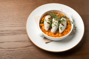 Beautiful serving dish with legumes and meat. Grill, soup, healthy food, food, rosemary, restaurant, wood, plate