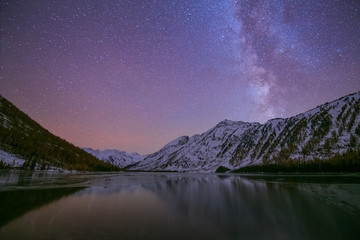 Beautiful night in Altai, Russia, evening landscape of mountains and lakes.