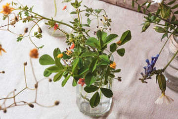 Meadow natural wildflowers bouquet in glass jar linen tablecloth background. Top view.  Herbal...