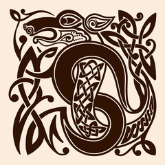 Celtic national ornament in the form of dog isolated on a beige background.