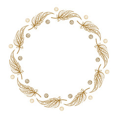 Vector round frame with boho style feathers and beads decoration