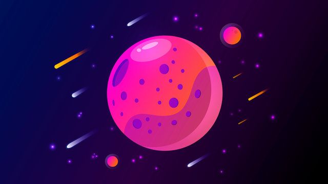 Purple and orange planet with little planets and comets and stars in space
