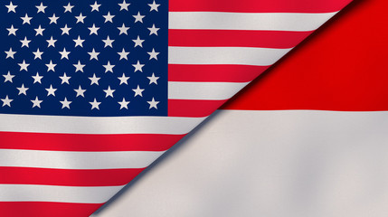 The flags of United States and Indonesia. News, reportage, business background. 3d illustration
