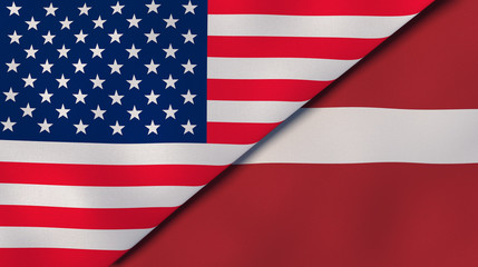The flags of United States and Latvia. News, reportage, business background. 3d illustration