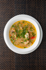 chicken soup on a broth with vegetables in a white bowl