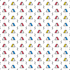 Triangle with lightning on white background. Seamless repeating pattern. Geometric abstract texture. Minimal memphis design. Vector illustration.