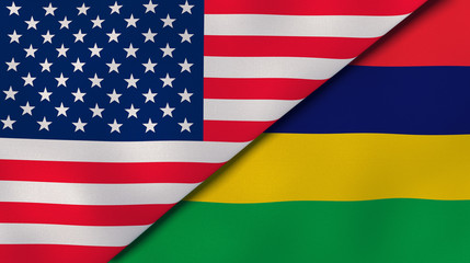 The flags of United States and Mauritius. News, reportage, business background. 3d illustration