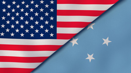 The flags of United States and Micronesia. News, reportage, business background. 3d illustration
