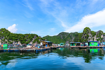 Fototapeta na wymiar Floating fishing village and rock island in 
