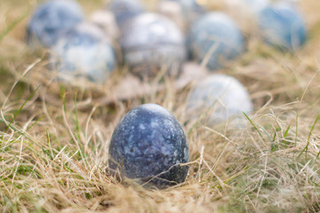 Handcrafted Easter eggs on the grey grass