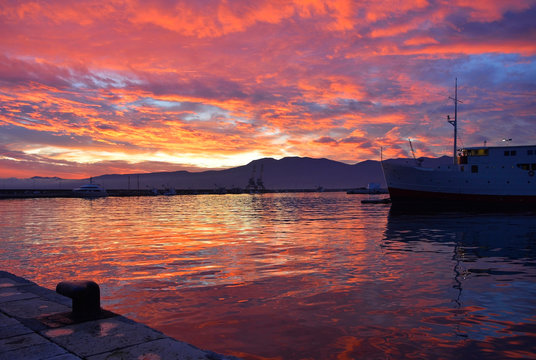 A winter sunset over Rijeka Bay in the Primorje-Gorski Kotar county of Croatia
