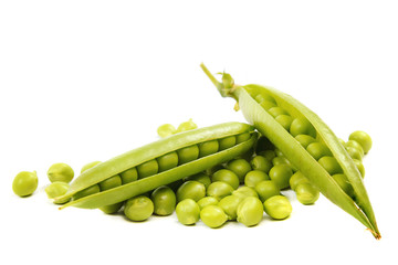 Fresh green peas isolated on white background
