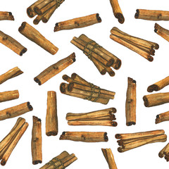 Aquarelle seamless pattern of dried cinnamon stick isolated on white background. Watercolor hand drawn illustration of organic spice. Cinnamon pile using in cook, medicine or aromatherapy.